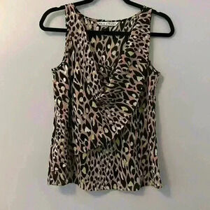 Trina Turk Silk Leopard Print sleeveless top with draped collar size XS